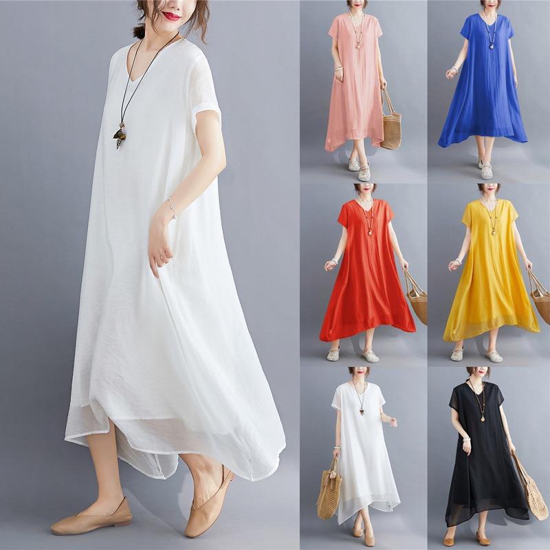 A Woman In A Solid V-neck Dress for Summer