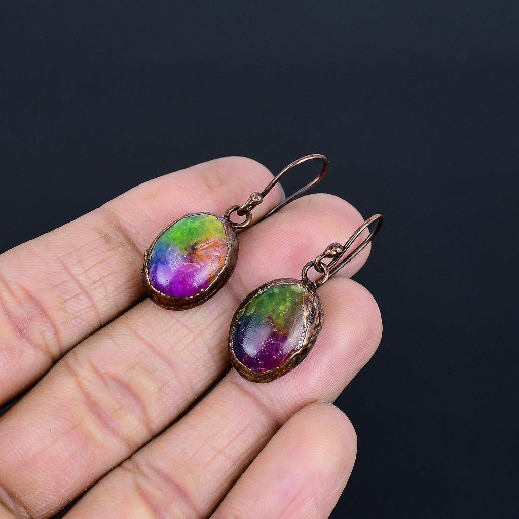 Rainbow Solar Quartz Earrings Gemstone Jewelry, Copper Electroformed Handmade Earrings, Latest Design Jewelry