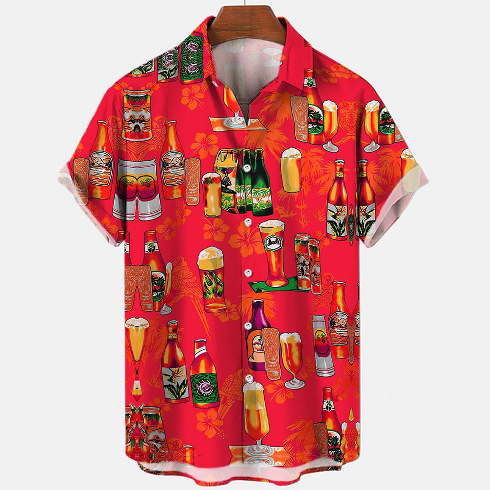 Hawaiian Beach Harajuku Shirts For Men 3D Print Beer Short Sleeve Tees Summer Vacation Style Single-Breasted Tops Lapel