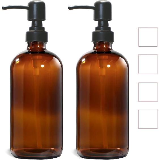 Amber Glass Soap Dispenser, 2 Pack Hand Soap Dispenser with Stainless Steel Pump for Bathroom and Kitchen, 16 oz, Premium Glass Pump Bottles