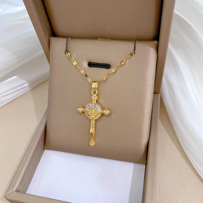 Titanium Steel Portrait Cross Light Luxury Temperament Gorgeous Full Diamond Necklace Female Versatile Collarbone Chain Titanium Steel Chain