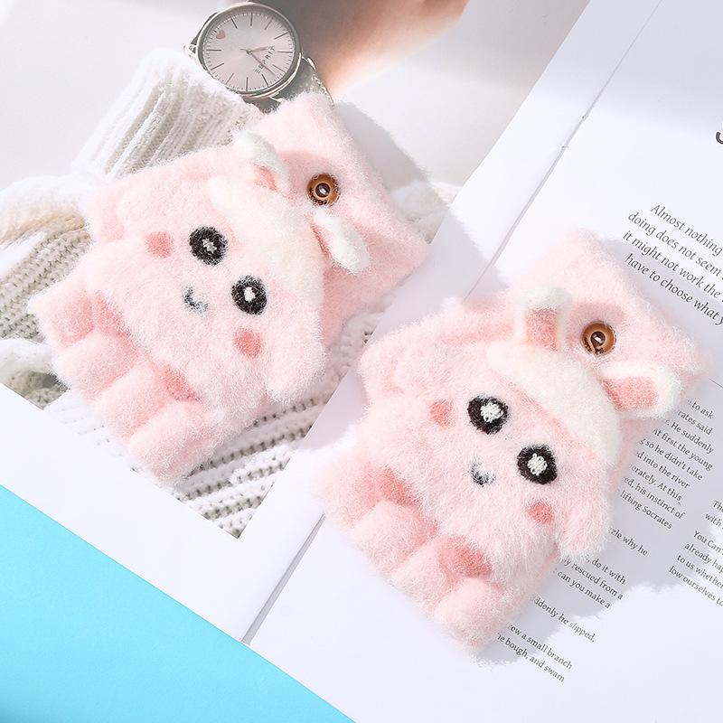 

Cartoon Cute Children s Half finger Flap Warm Gloves In Autumn and Winter Cold Proof and Thickened Baby Girl Writing and Riding A Bicycle Five-finger one size