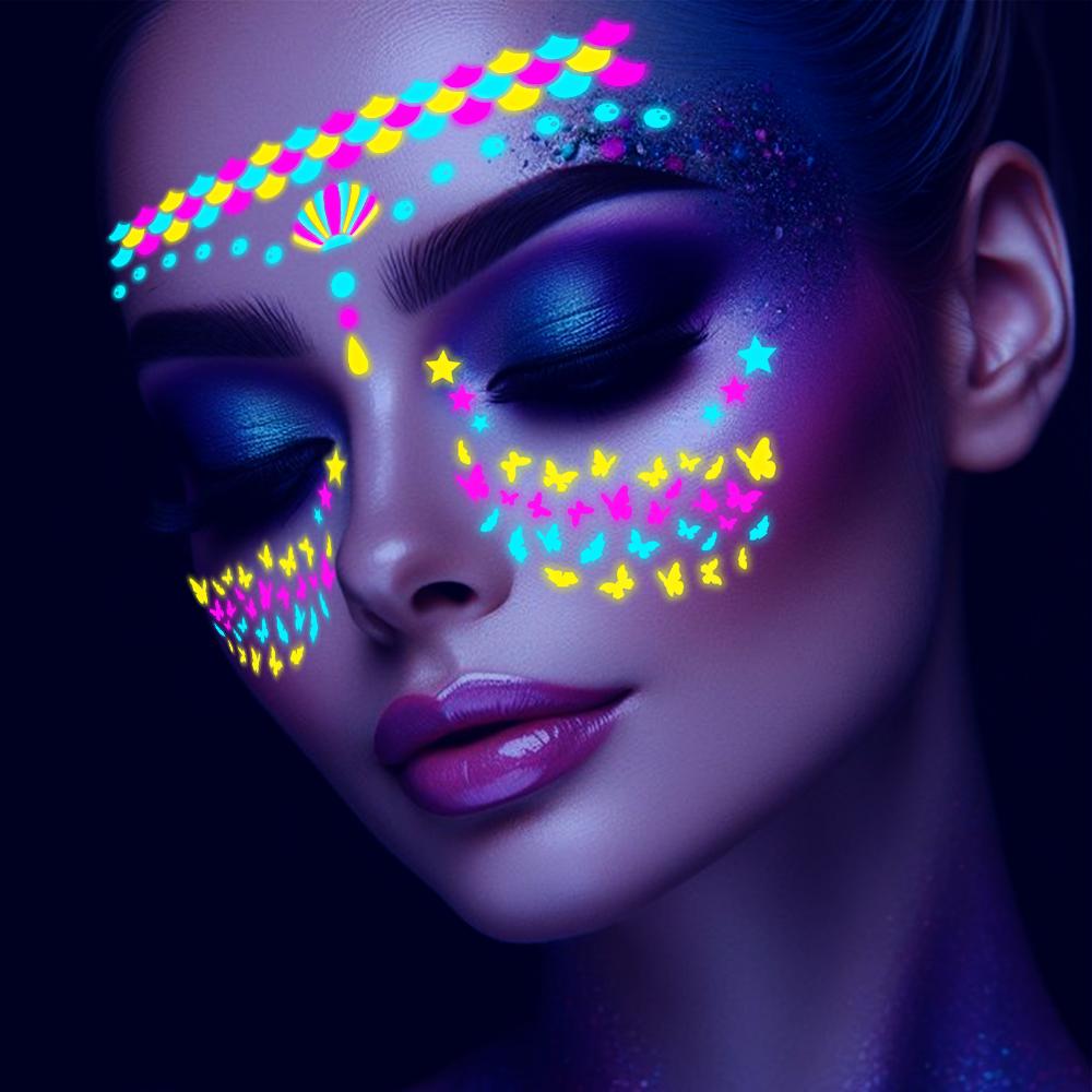 4/8Pcs Fluorescent Face Tattoo Stickers Colorful Flower/Butterfly/Feather Design Temporary Decal Waterproof Makeup/Party Tattoos