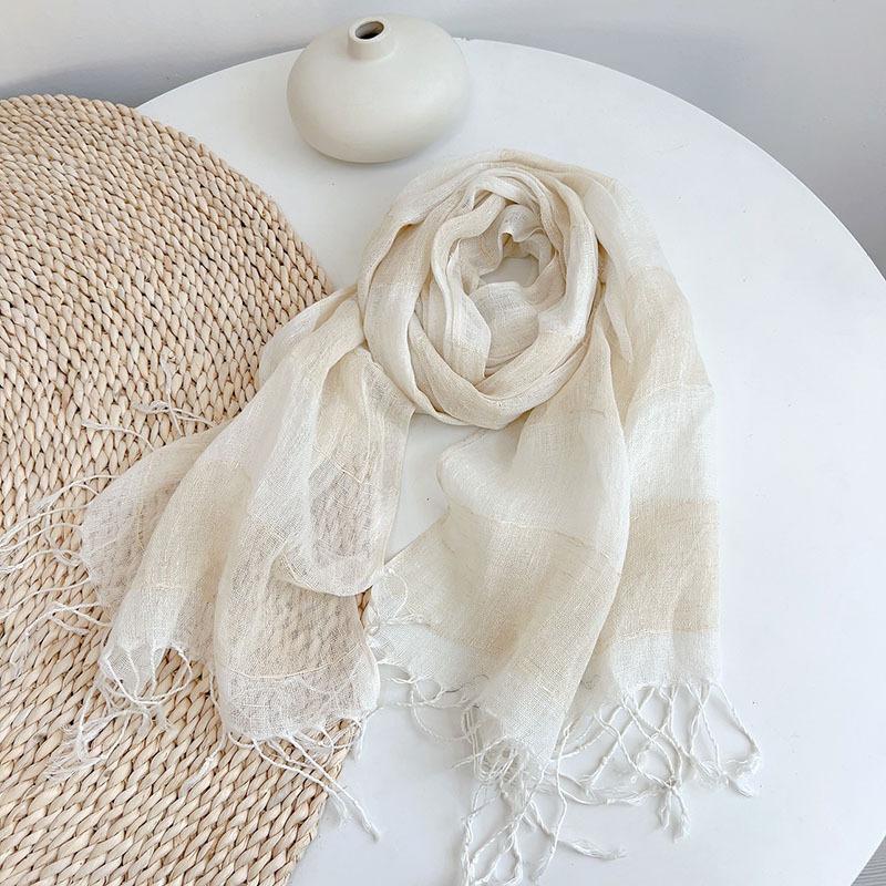100% Natural Linen Woman Scarf Hijab Shawls Breathable Latticed Colorful Scarves With Tassels