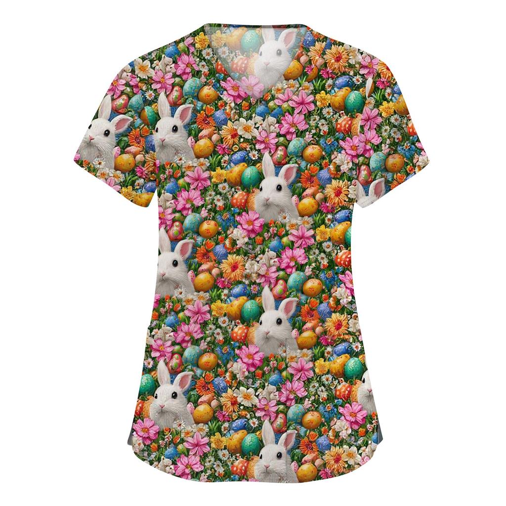 Abbigliamento da lavoro a maniche corte con scollo a V alla moda da donna con top stampati con tasche