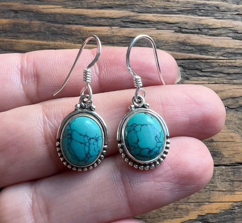

Solid 925 Sterling Silver Synthetic Turquoise Gemstone Handmade Designer Women Earrings