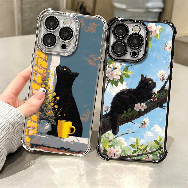 Black Cat Aesthetic Pattern Plating Phone Case For Iphone 16 17 Pro Max Air 16E 14 15 Plus 12 13 Mini Anti-Fall Airabag Cover