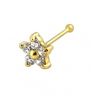Gemstone Jewelery Piercing Nose Pin In 9ct Solid Yellow Gold In the Shape of a Flower Adorned with Clear CZ Zircons