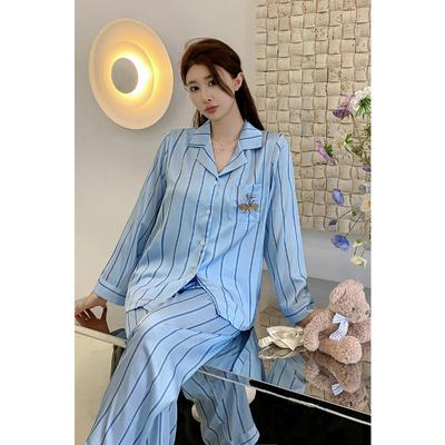 Blue Striped Ice Silk Long-sleeved Cartoon Pajamas for All Seasons Two-piece Set