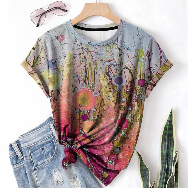 Fashion Women's Crew Neck Short Sleeve 3D Floral Color Printing Floral Short Sleeve Crew Neck T-Shirt
