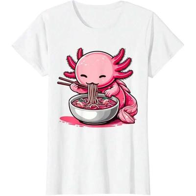 Anime Kawaii Axolotl Eating Ramen Noodles Kids Teen Girl Boy T-Shirt Made In Usa.