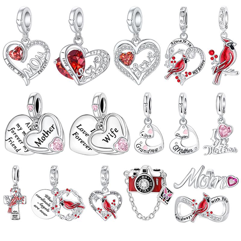 Authentic Original Charm Bead Components Bead Component Copper Metal Red Heart-shaped Zircon Love Pendant Bead Components Bird Bead Components