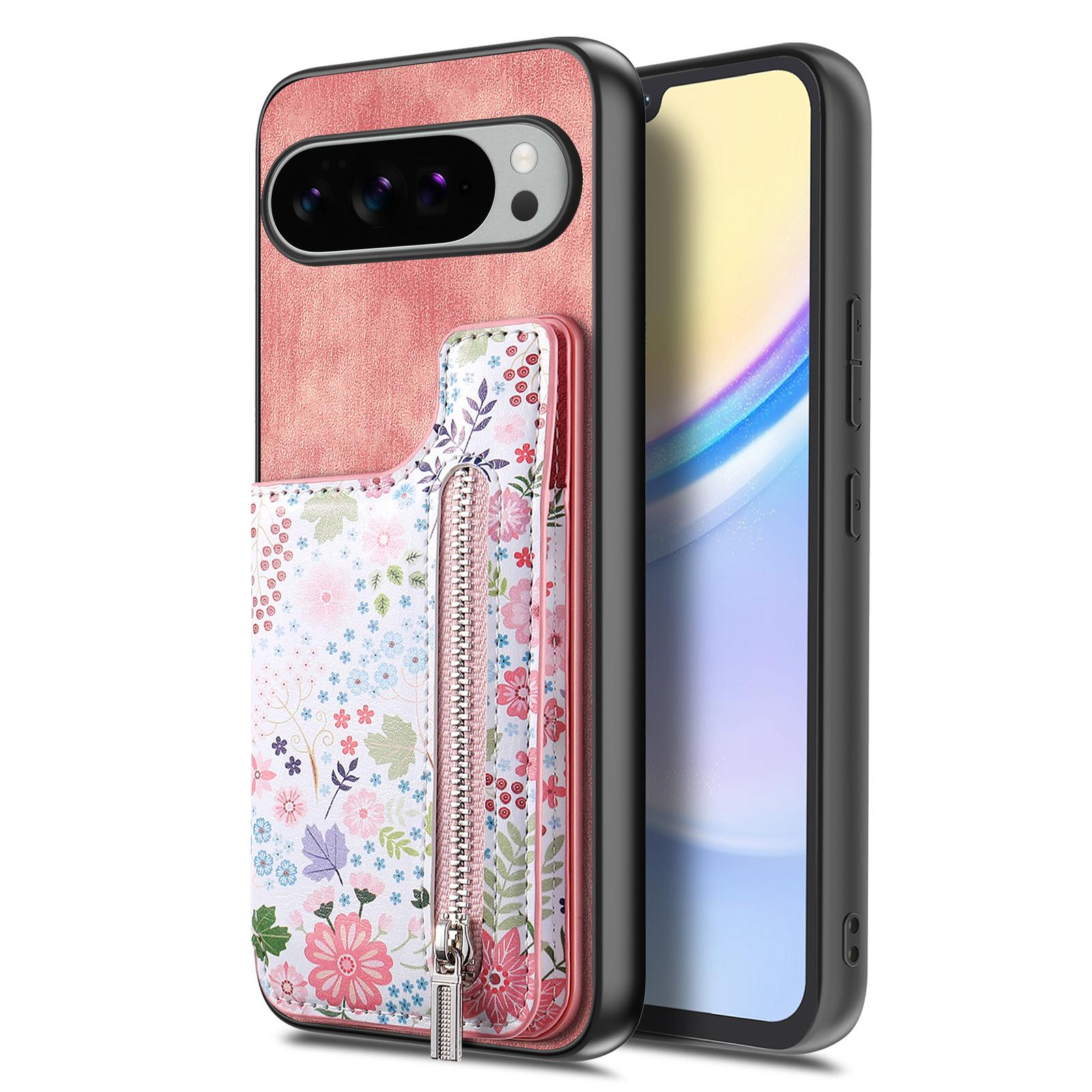 

For Google Pixel 10 Pro XL Leather Phone Cover with RFID Blocking Zipper Card Bag Kickstand