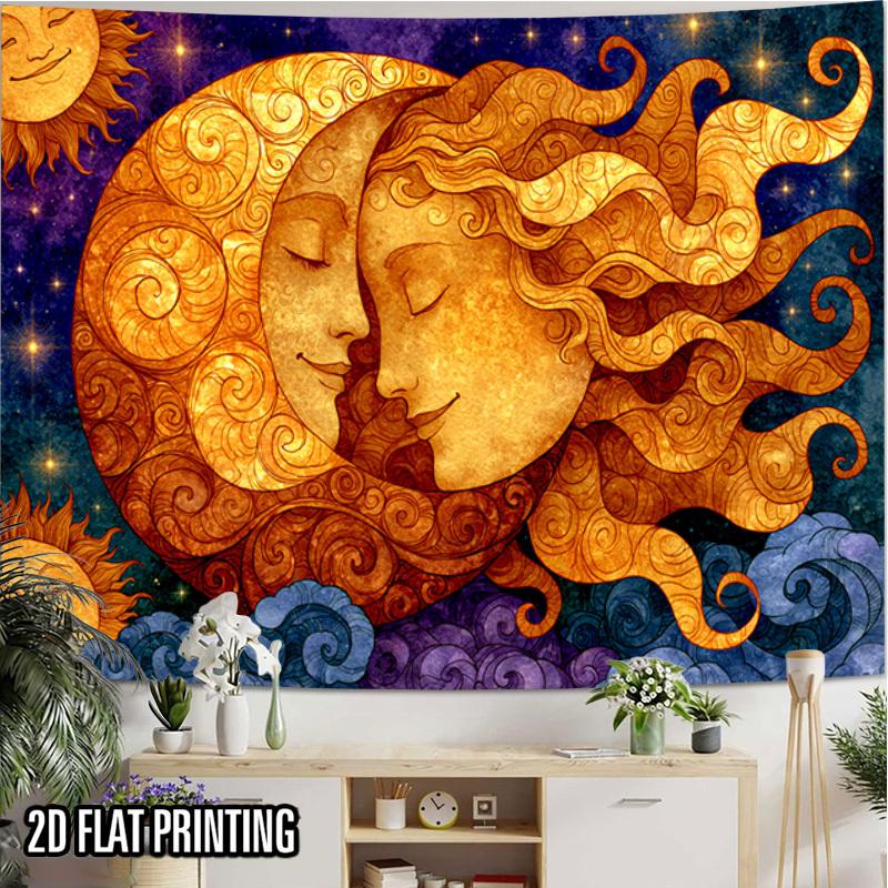 2D Flat, 2D Flat Print 1pc Tapestry Sun Moon Embrace Starry Wall Hanging, Mythical Romantic Decor Multi-Size Polyester Background Resistant and Wear-R