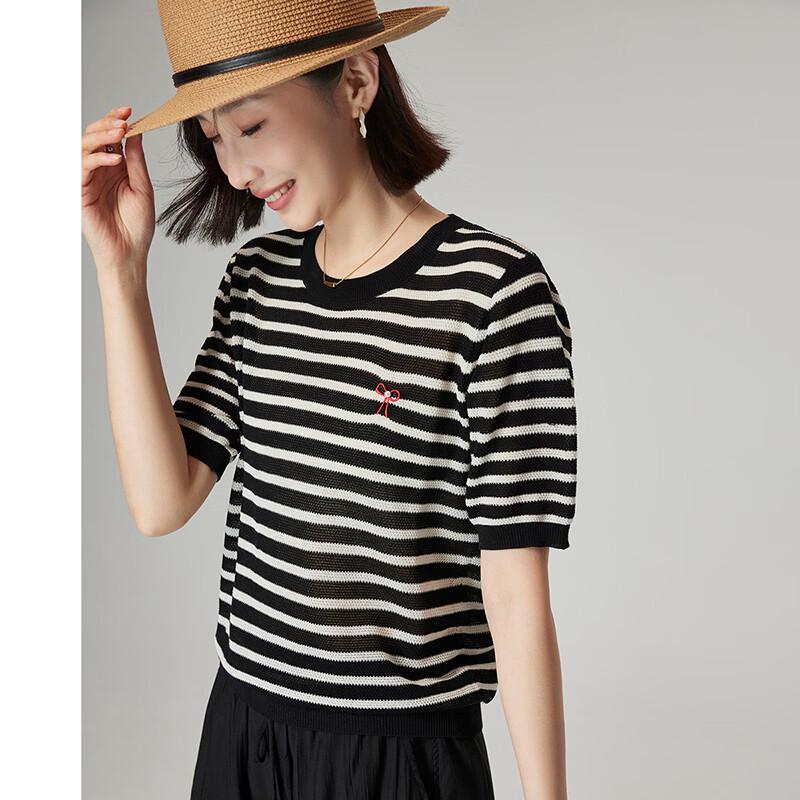 Women s Striped Hollow-Out Knit T-Shirt M