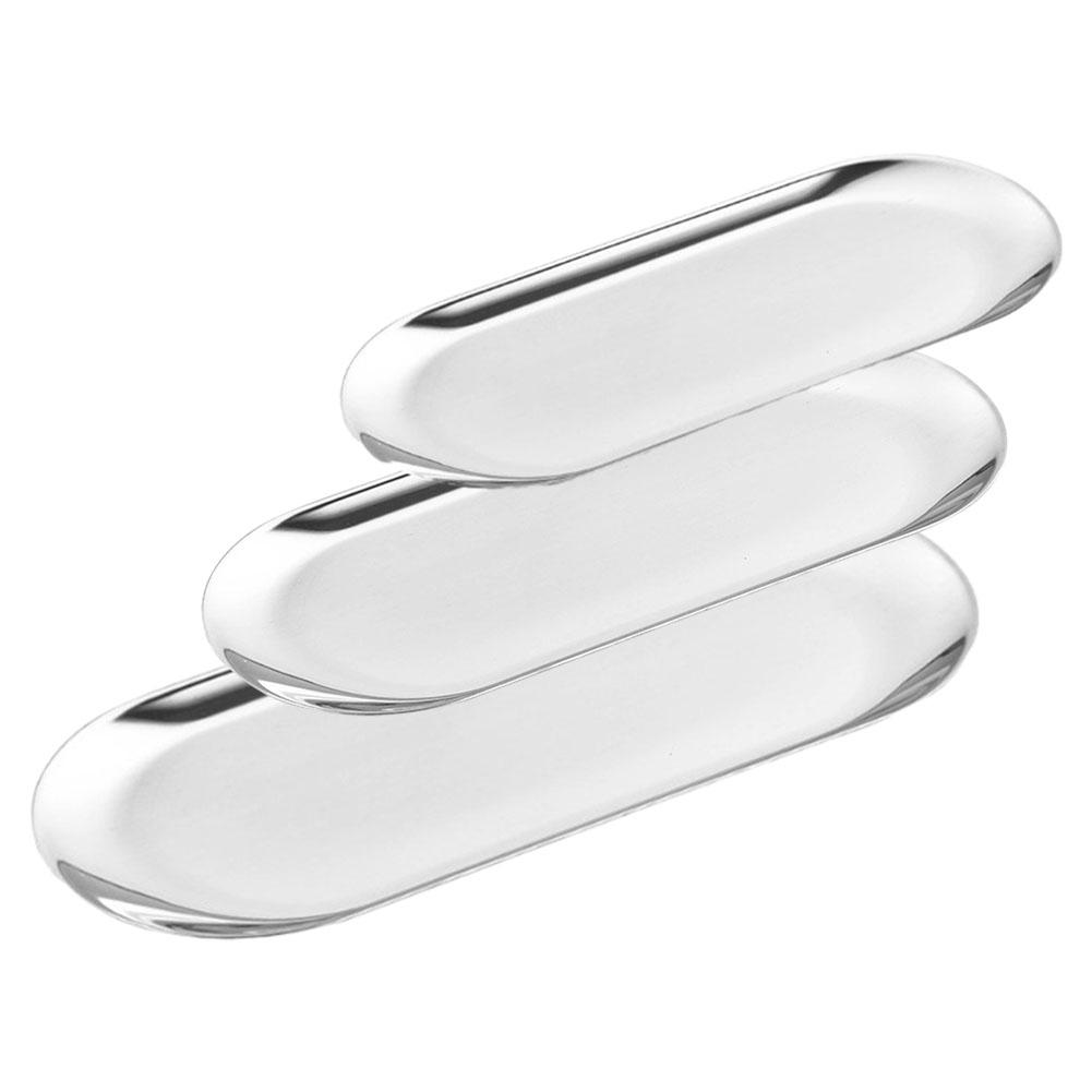 Edelstahltablett Ovale Tabletts 18x8,5cm, 23x9,3cm, 30,3x12,3cm Aufbewahrungstablett für Tee Obst Kosmetik Schmuckauslage Küchenset