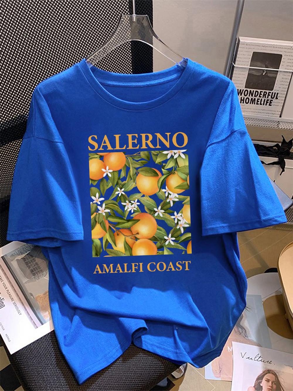 

Summer Cotton TShirts Women Salerno Amalfi Coast Fresh Oranges Print Tops ONeck Comfortable Loose T Shirt Casual Woman Clothes S