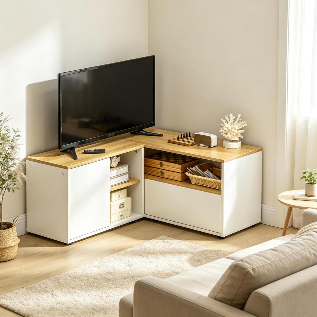 L-Shaped TV Cabinet with Open Compartments, Modern TV Cabinet, Space-Saving Corner Cabinet, Compact Corner Cabinet