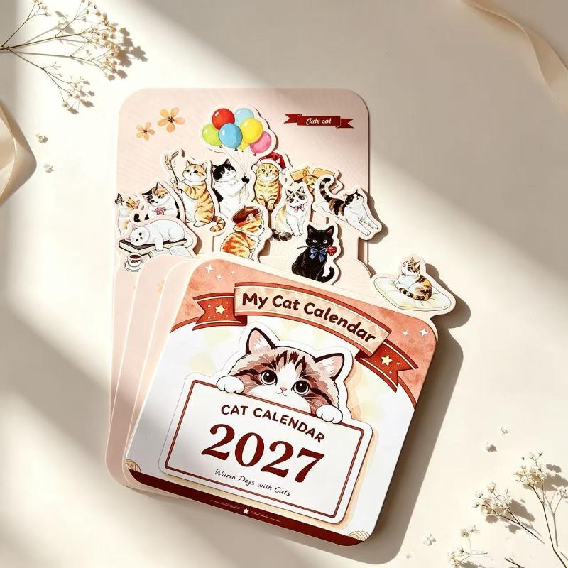 Calendrier de bureau Chat Mignon 2027 Base en Bois 12 Cartes Artistiques Peintes Planificateur Quotidien Mensuel Décoration Pour Bureau Maison École
