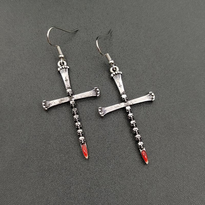 Gothic Statement  Red Bloody Cross nail Dark Punk Ancient Silver Skull Coffin Cross Earrings Alt Accessories for Women