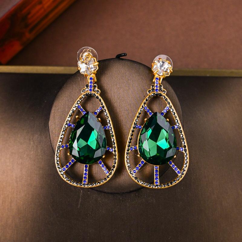 Premium Exaggerated Malachite Green Rhinestone Mixed Color Diamond Hollow Water Drop Stud Earrings