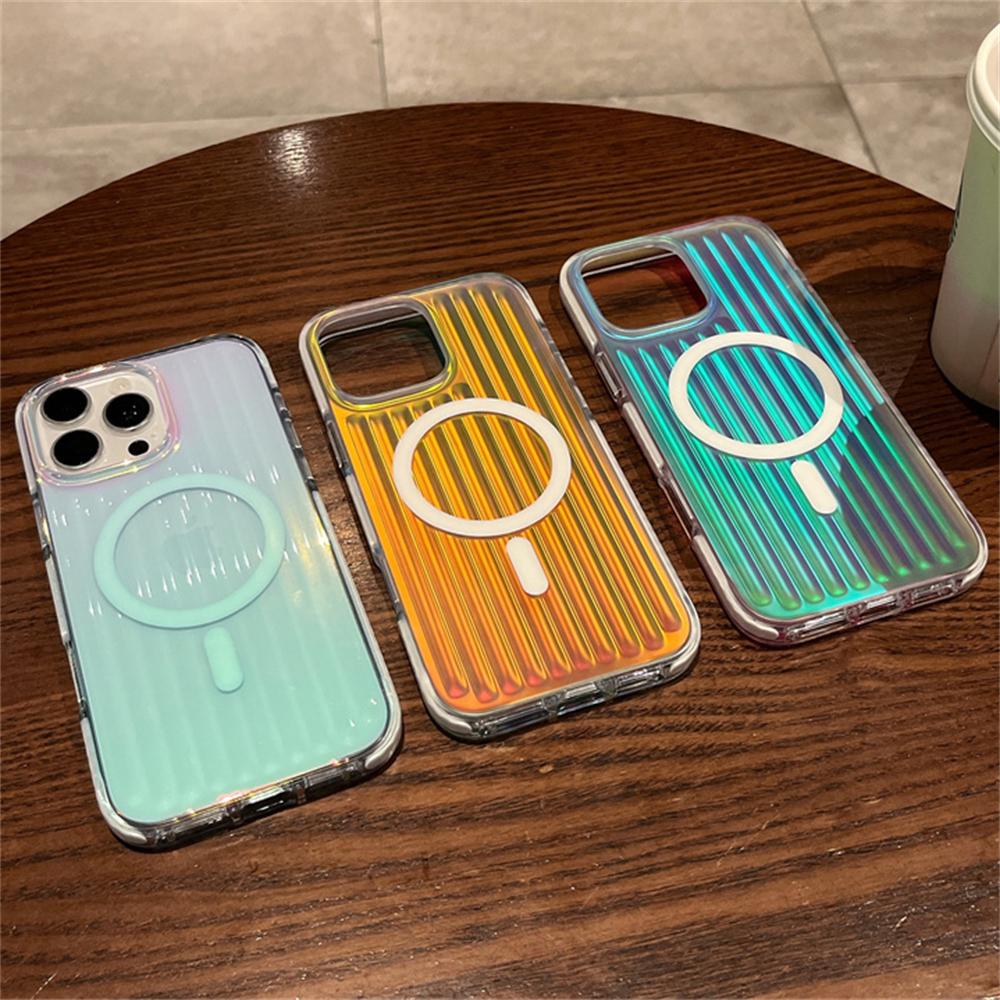 Luxury Aurora Laser Gradient Stripes Magnetic For Magsafe Case For iPhone 17 15 14 13 16 Pro Max Plus Wireless Charging Cover