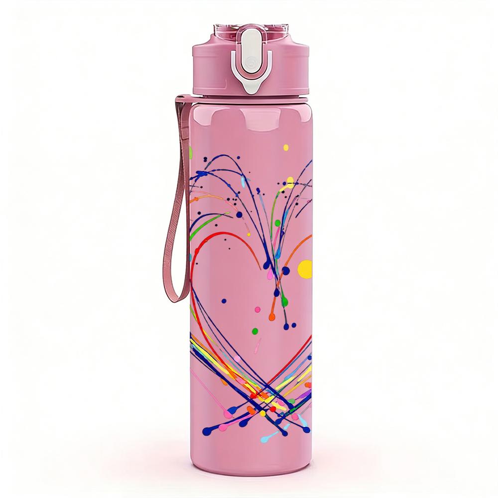 1PC Rainbow Graffiti Heart Sketch 750ml Color Plastic Sports Water Bottle Leakproof Flip Straw Lid Suitable for Sports Office Home Use
