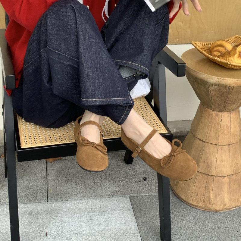Bow Suede Single Shoes Women's 2025 New Round Head Flat Bottom with Skirt Retro Mary Jane Shoes Ladyshoes