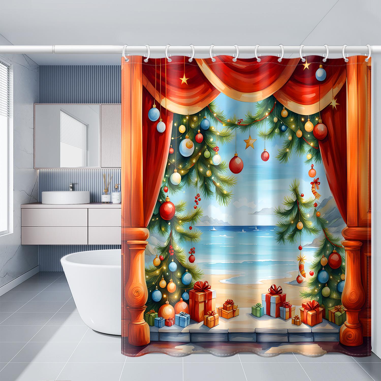 

1 Piece Of Christmas Curtain Print With Plastic Hook Shower Curtain, Winter Christmas Bathroom Partition Curtain W60H190(CM)-1 Pcs