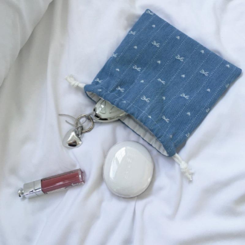 Korean Style, Denim Bow, Fabric Bundle Pocket, Drawstring Gift Bag, Mini, Portable Travel, Touch Up Bag, Storage Bag