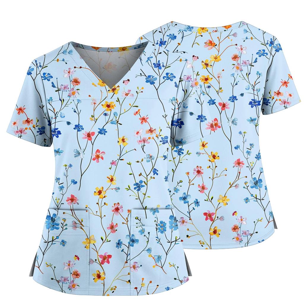 Women's Casual Printed V-Neck Pocket Side Slit Short Sleeved Top Short Sleeved Top