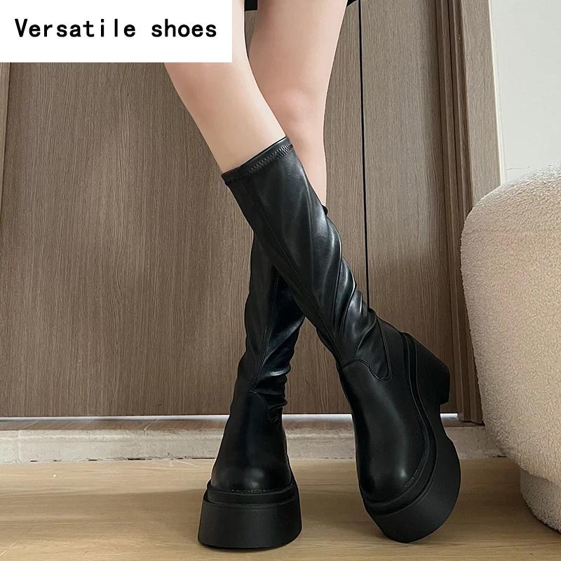 Streetový styl Podzim Zima Dlouhé Kozačky po Koleno Dámské Módní Platforma Vysoké Podpatky Boty Nazouvací Párty Botas Mujer