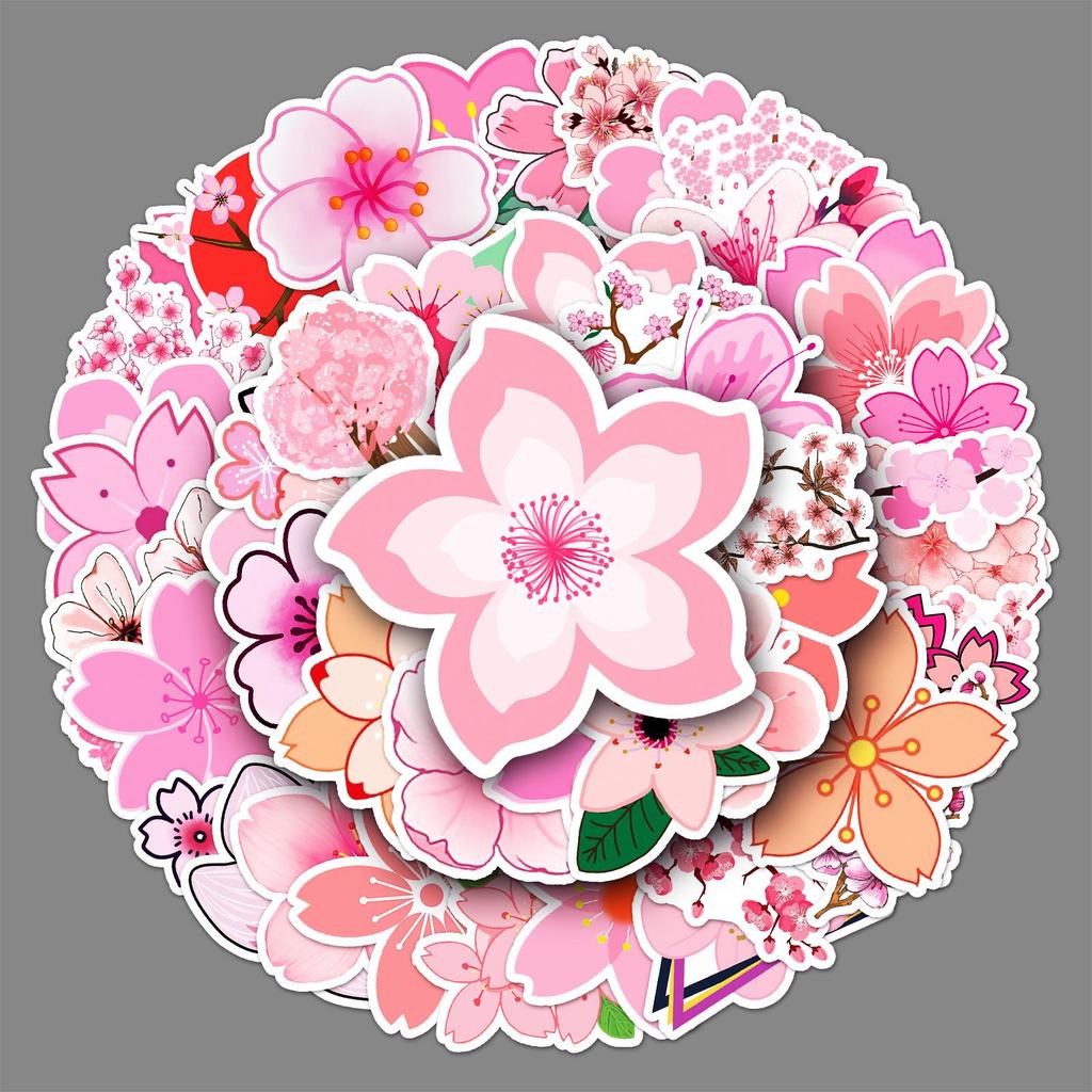 50 Sakura Graffiti Flower Cartoon Stickers for DIY Decoration – Perfect for Skateboards, Mobile Phones, and Suitcases