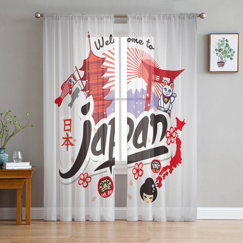 Japan Rote Sonne Geisha Frau Drache Bambus Chiffon Gardinen für Wohnzimmer Schlafzimmer Dekor Fenster Voile Tüll Vorhang Vorhänge