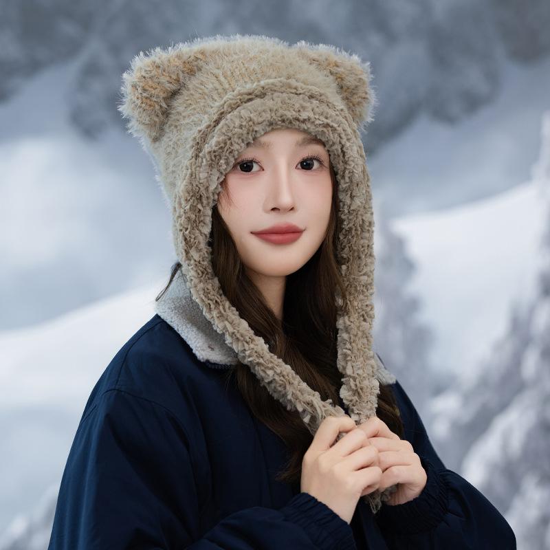 Sweet and Cute Bear Ear Plush Warm Hat Winter Outdoor Plus Velvet Thickened Cold Hat Big Head Flange Hat