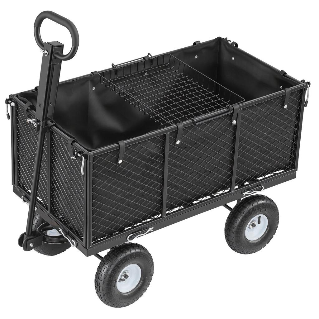Garden Cart, 544.3 kg, Heavy Duty Steel Hand Trolley, Yard Utility Wagon Outdoor Transport Cart with 10-Inch Tires, Adjustable Handle, Detachable Side
