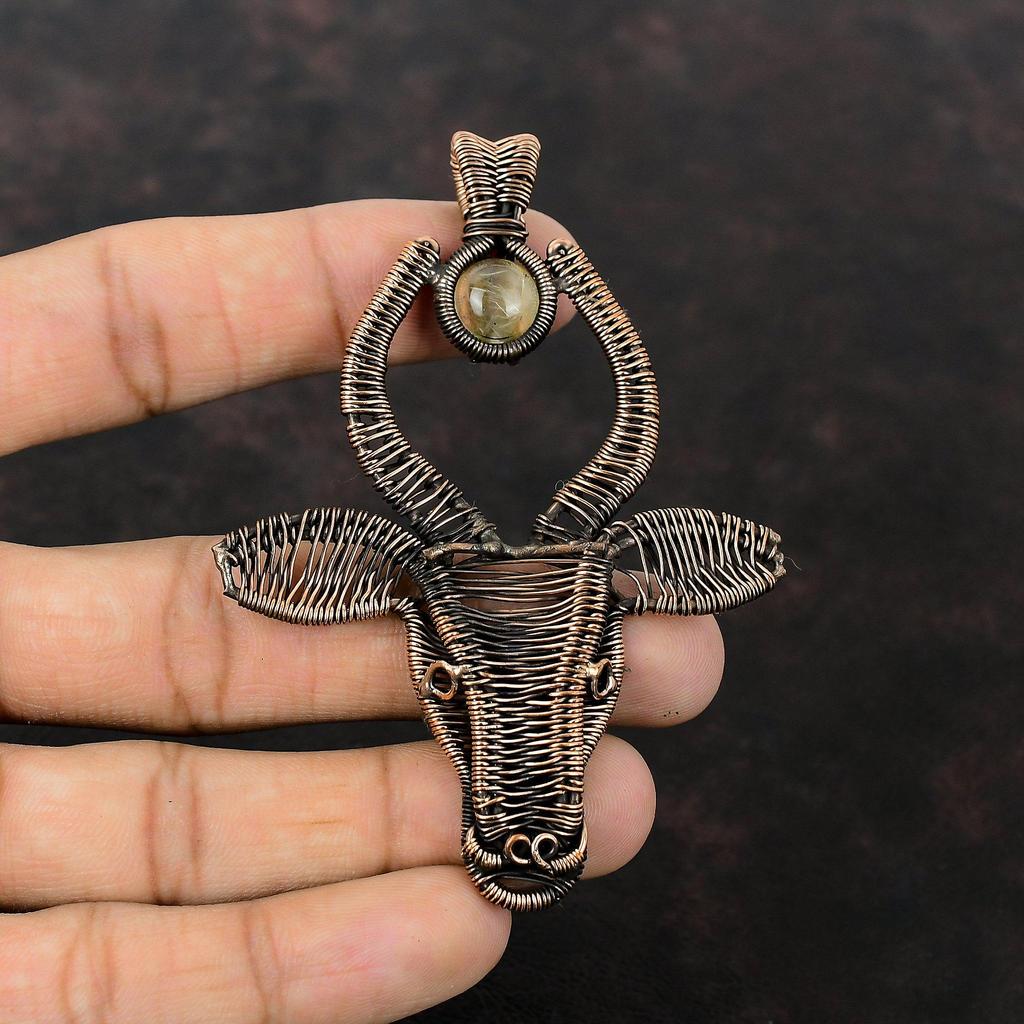 Golden Rutile Pendant Copper Wire Wrapped Pendant Gemstone Jewelry Handmade Pendant Antique Copper Jewelry Bull Face Pendant Engagement Gift