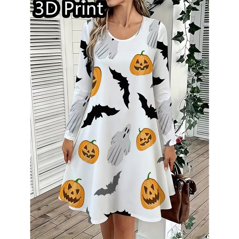 Spring Autumn Women Dress Casual Long Sleeve O-neck 3D Print Loose A-Line Dress Oversized Home Wear Robe