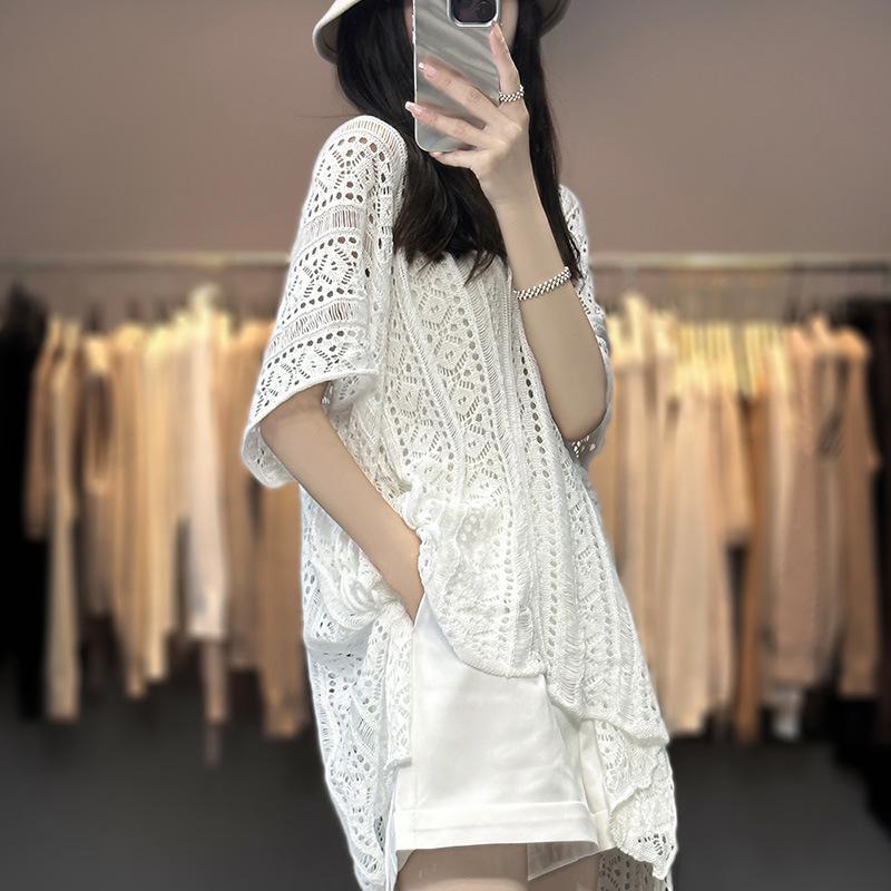 Spring/Summer V-Neck Loose Knit Cardigan with Sun Protection.