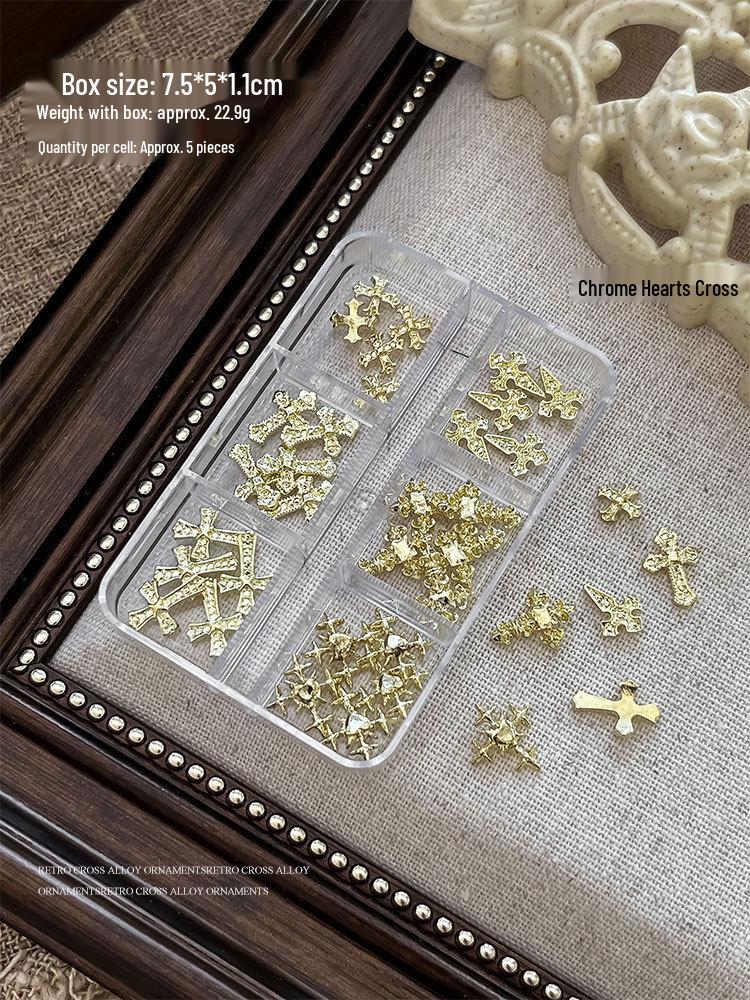 Retro Cross Heart Grid Nail Art Accessories - Gold & Silver Decorations Box