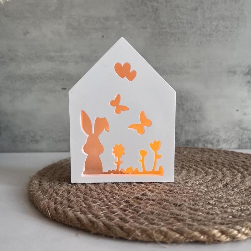 House Shape Silicone Molds with Bunnies Butterfly Flower Pattern for Soap Candle Making Cement Gypsum Silicone Molds
