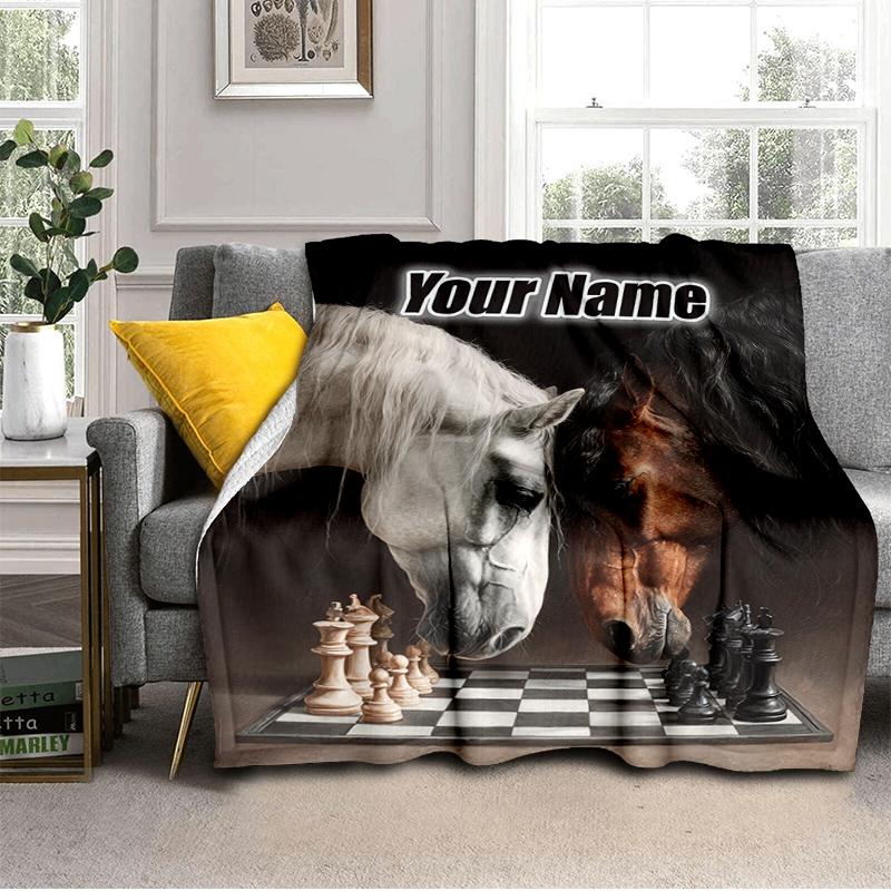 1PC Custom Name Horses Chess Game Flannel blankets Patterns Throw Blanket All-Season Soft Gift for Couch, Bed, Camping gifts