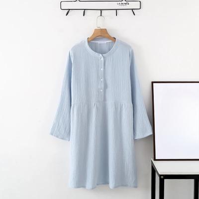 Spring and Autumn Women's Long Sleeve Nightdress 100%Cotton Crepe Round Neck Button Solid Color Dress Home Dress Nightgown Dress