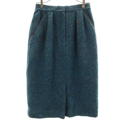 Herringbone Mimole Length Tweed Tight Skirt L Blue-green Women Used