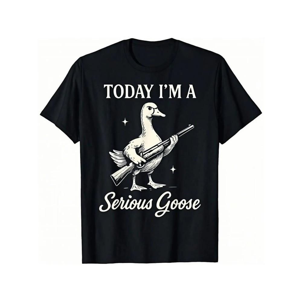 Serious Goose Print Pattern T-Shirt with Quirky Animal Art and Funny Slogan