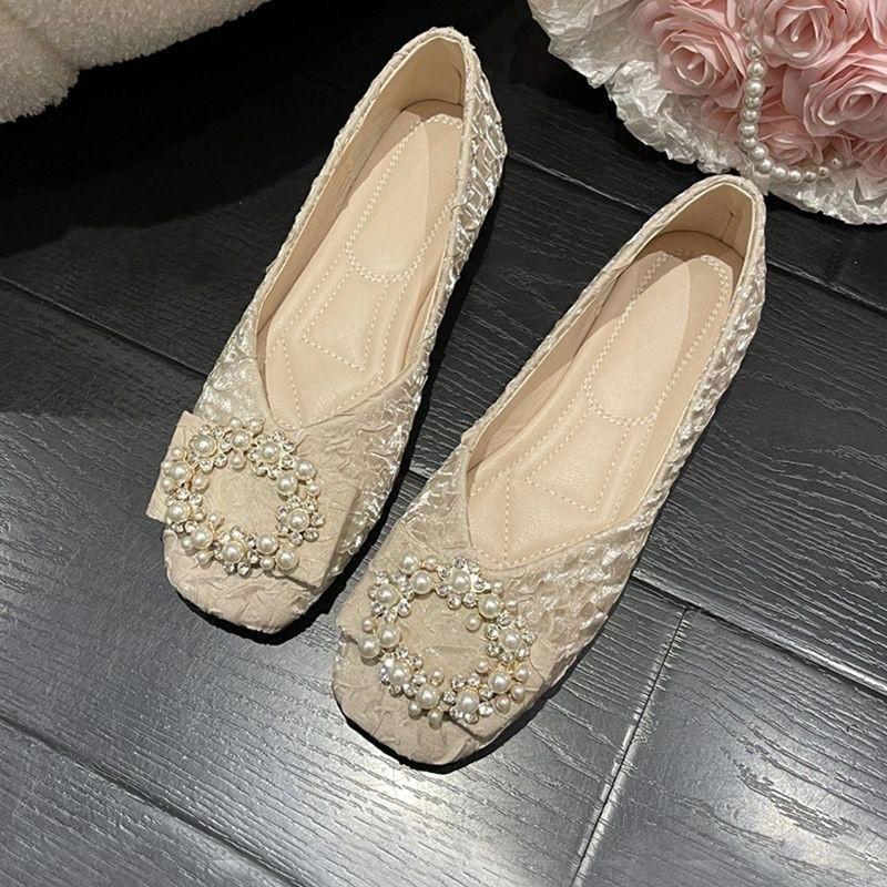 

Одиночная обувь женская осень новая темпераментная легкая обувь с квадратным носком и жемчужной квадратной пряжкой, нежная обувь на плоской подошве для женщин 40