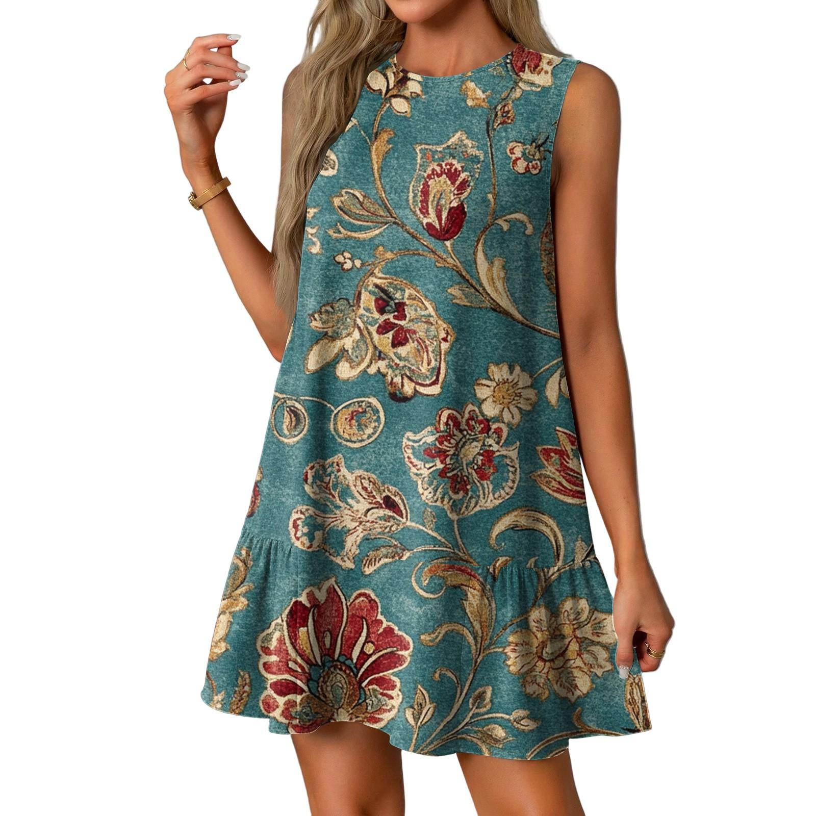 

Женские модные повседневные платья без рукавов с круглым вырезом и оборками с винтажным принтом S