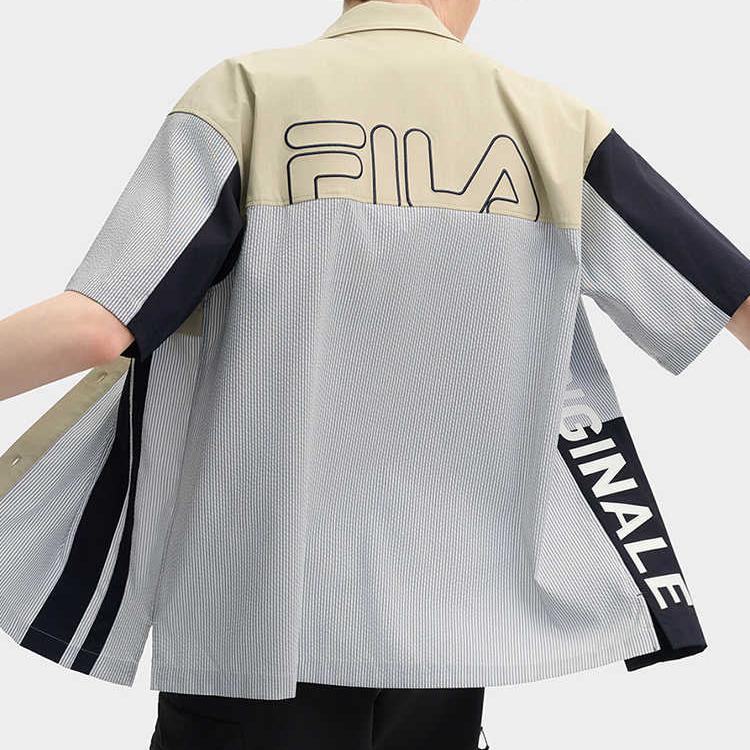 Fila Original Soft Comfortable Striped Letter Splicing Versatile Loose Short Sleeve Shirt Men Shirts Light-Khaki F11M529403F-DK