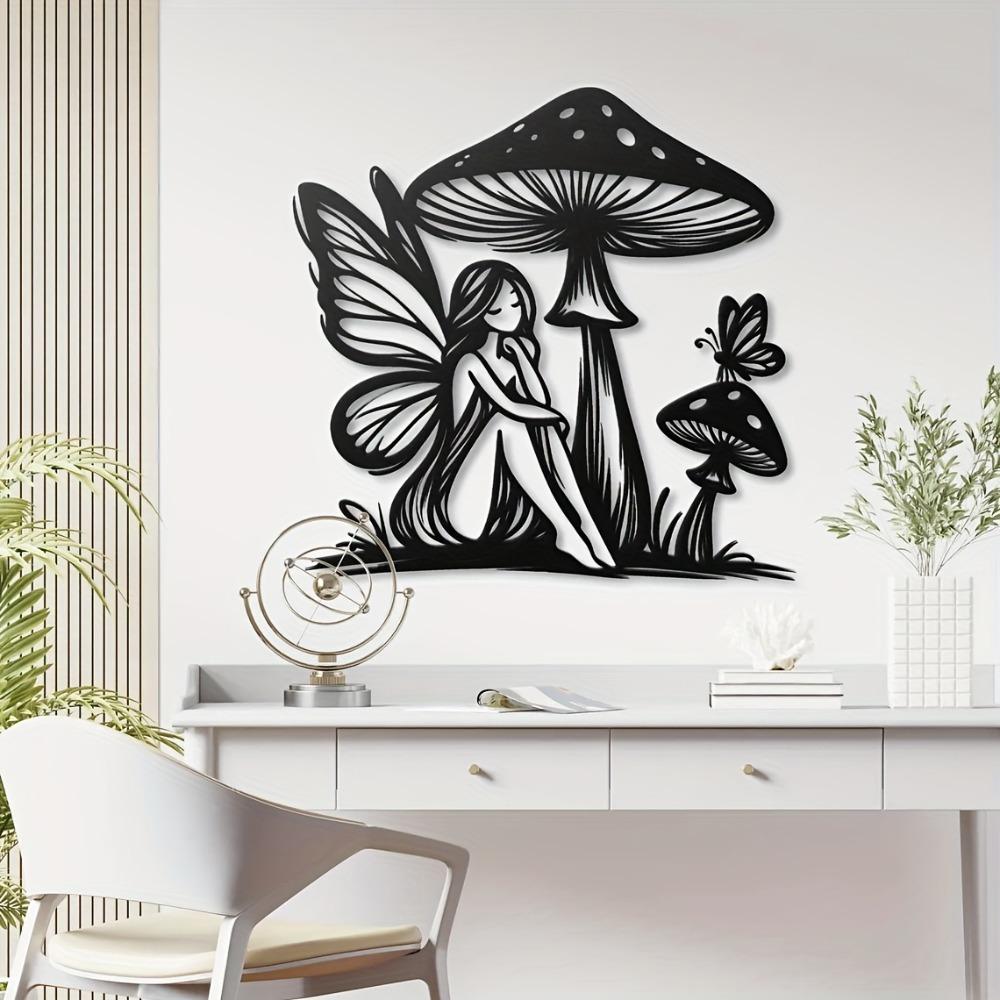 40x40cm Metal Mushroom Angel Girl Wall Art, Hanging Sculpture for Home Decor, Unique Modern Iron Craft Gift