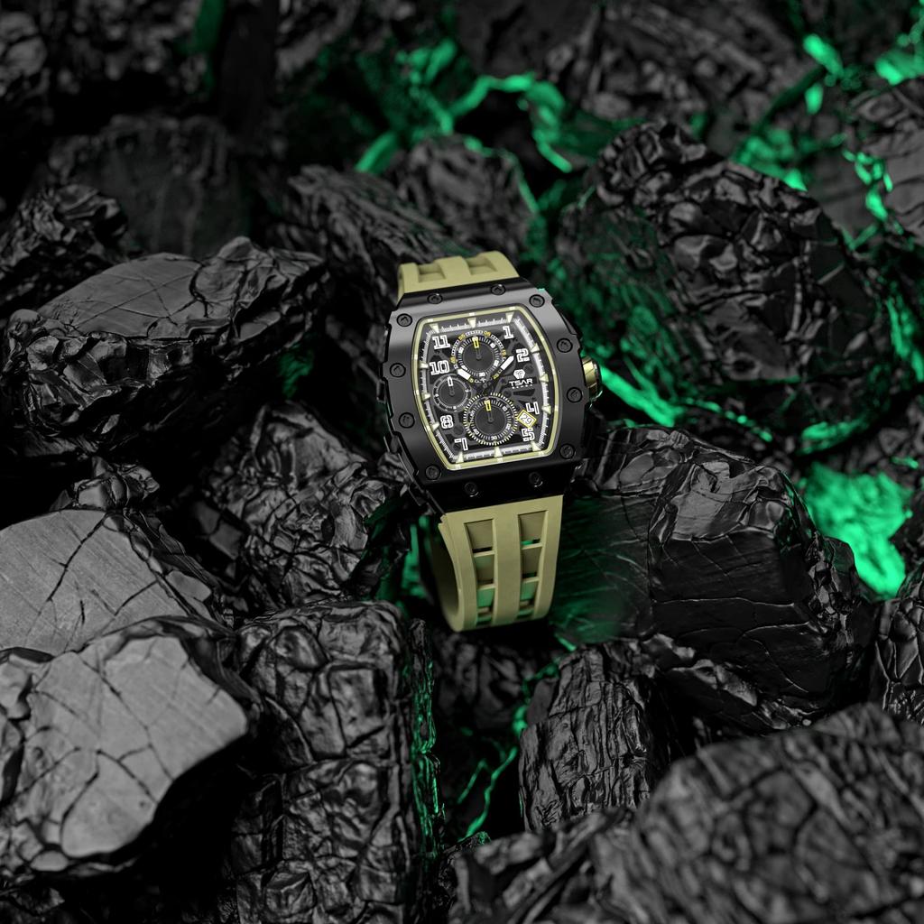 TSAR BOMBA Men's Tonneau Watch 50M Waterproof Classic Sapphire Crystal Silicone Strap Japanese Movement